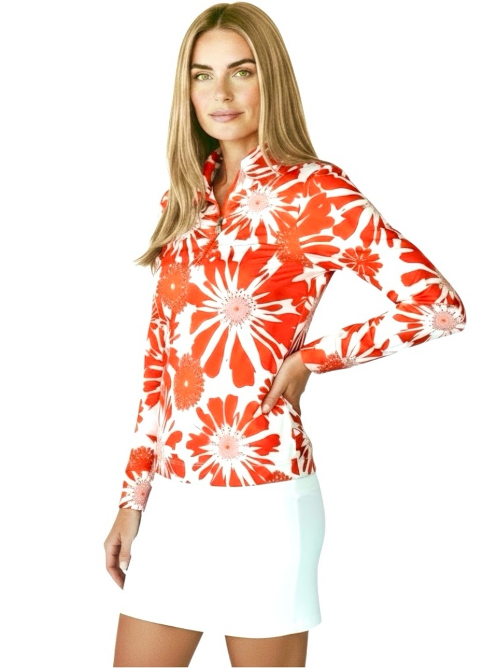 Stella Parker Top Orange Tropical Floral 3/4 Zip Long Sleeve Shirt Sz S NWOT